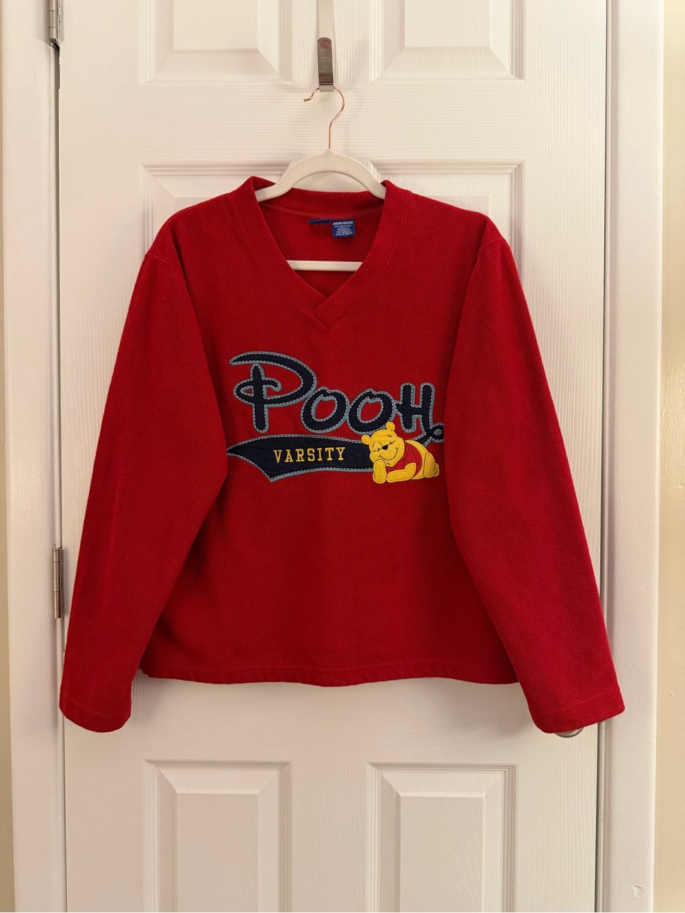 Disney Vintage Winnie the Pooh Red Varsity Fleece V Neck Pullover Sweater Medium